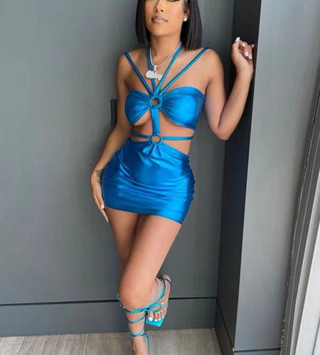 Solid Sleeveless Bodycon Halter Hollow Out Sexy Mini Dress 2021 Summer Women Fashion Streetwear Outfits Y2K