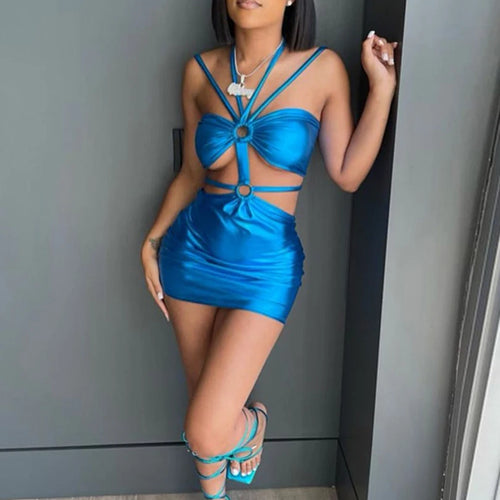 Load image into Gallery viewer, Solid Sleeveless Bodycon Halter Hollow Out Sexy Mini Dress 2021 Summer Women Fashion Streetwear Outfits Y2K
