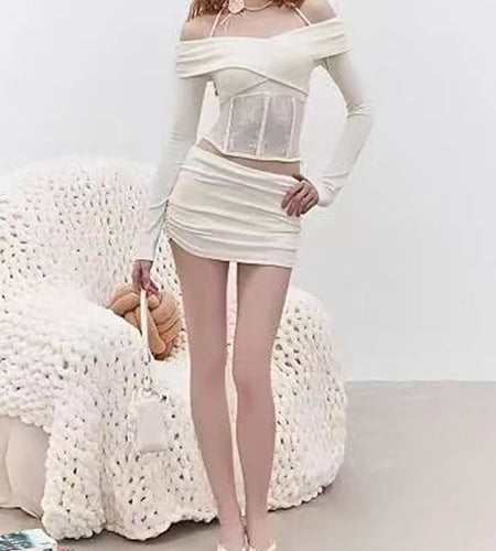 Slimming Two Piece Sets for Women Halter Off Shoulder Spliced Lace T Shirt High Wasit Mini Skirt Elegant Set Female