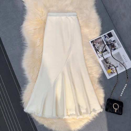 Load image into Gallery viewer, Korean Version Black Beige Tassel Elegant Knit Pleated Long Skirt Women Autumn Winter Pink High Waist Wrap Hip Fishtail Skirts
