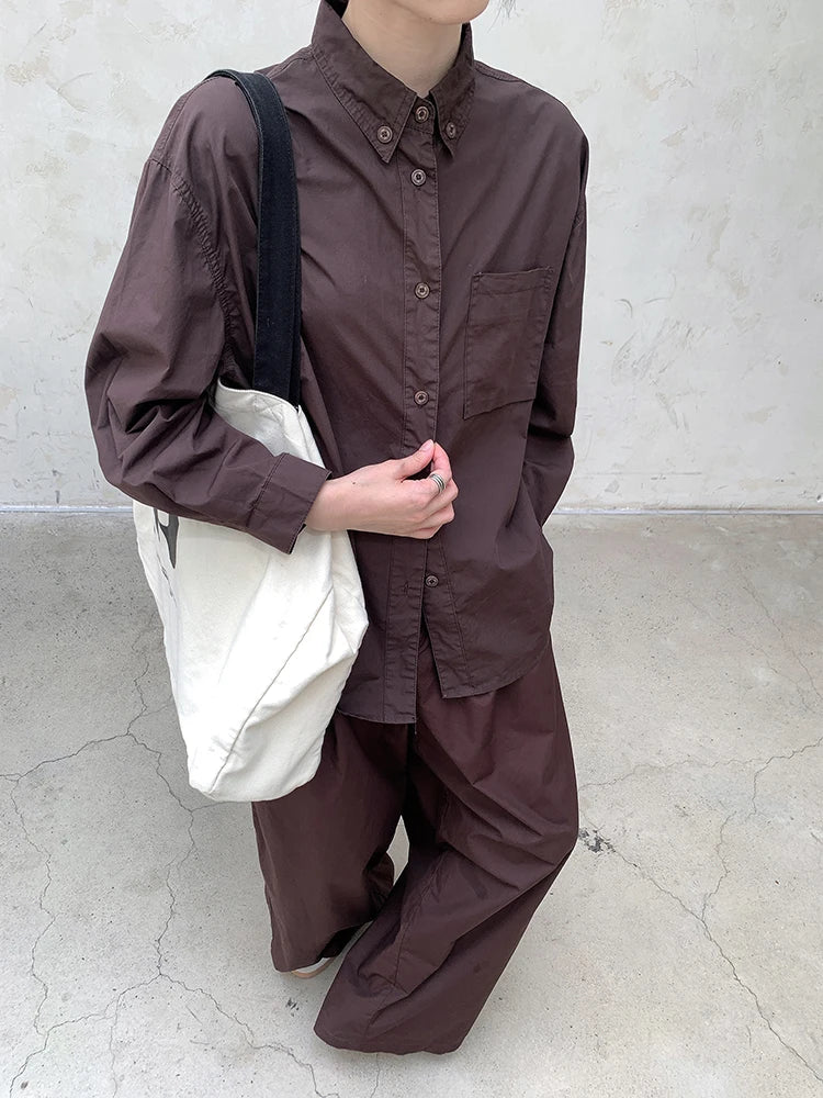 Women Coffee Brief Pocket Big Size Elegant Blouse New Lapel Long Sleeve Shirt Fashion Tide Spring Autumn 2025 1DH8367