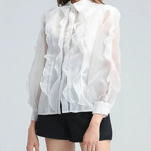 Load image into Gallery viewer, Solid Patchwork Folds Casual Shirt For Women Lapel Lantern Sleeve Spliced Single Breasted Designer Blouses Female
