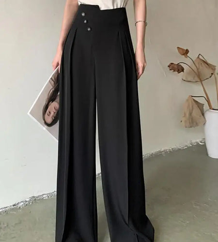 Black White Button Wide Leg Long Pants Women Spring Summer Gray High Waist Loose Straight Trousers Street Fashion Casual Popular