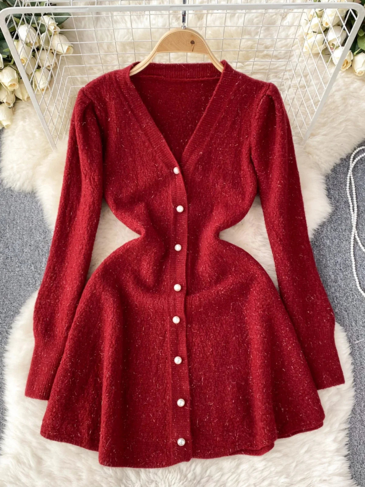 French Fashion Women Solid Single Breasted Elegant V Neck Short Dress Autumn Winter Long Sleeves Knitted Sweater Mini Dress Chic