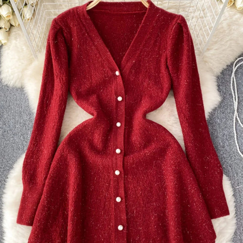 Load image into Gallery viewer, French Fashion Women Solid Single Breasted Elegant V Neck Short Dress Autumn Winter Long Sleeves Knitted Sweater Mini Dress Chic
