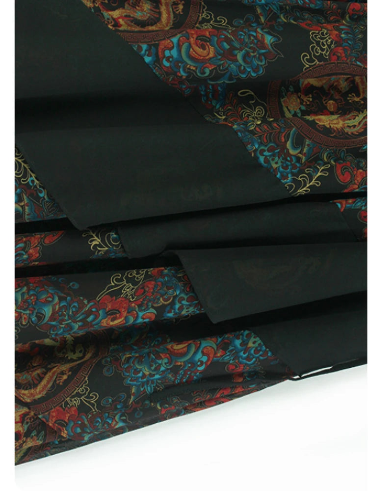 Women Black Pattern Printed Big Size Midi Dress New Round Neck Short Sleeve Fashion Tide Spring Summer 2025 1DJ0298