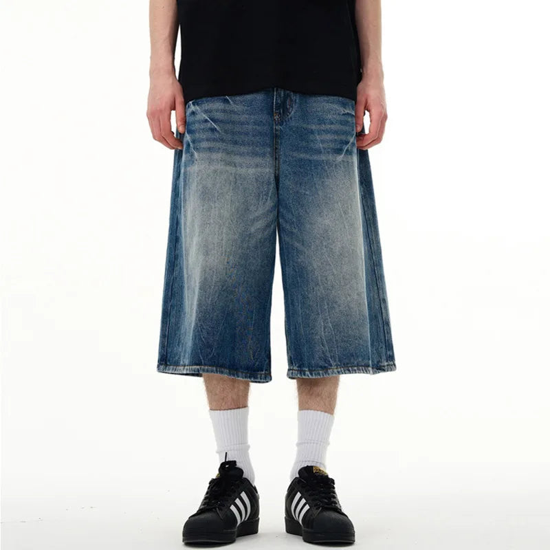 Wide Leg Men's Short Jeans American Washed Lightning Pattern Male Denim Shorts Loose Chic Men Bottoms Summer 9W1474