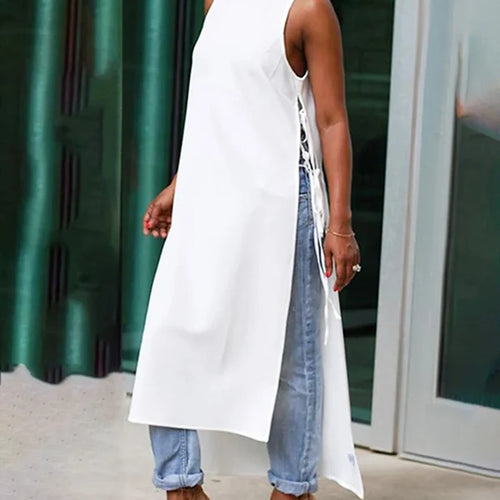 Load image into Gallery viewer, Lace-up Sleeveless Maxi Length Shirts Blouse for Women Summer High-low Split-joint Woman White Chic Long Tops
