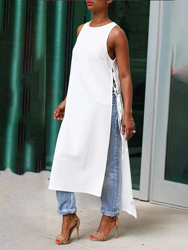 Lace-up Sleeveless Maxi Length Shirts Blouse for Women Summer High-low Split-joint Woman White Chic Long Tops