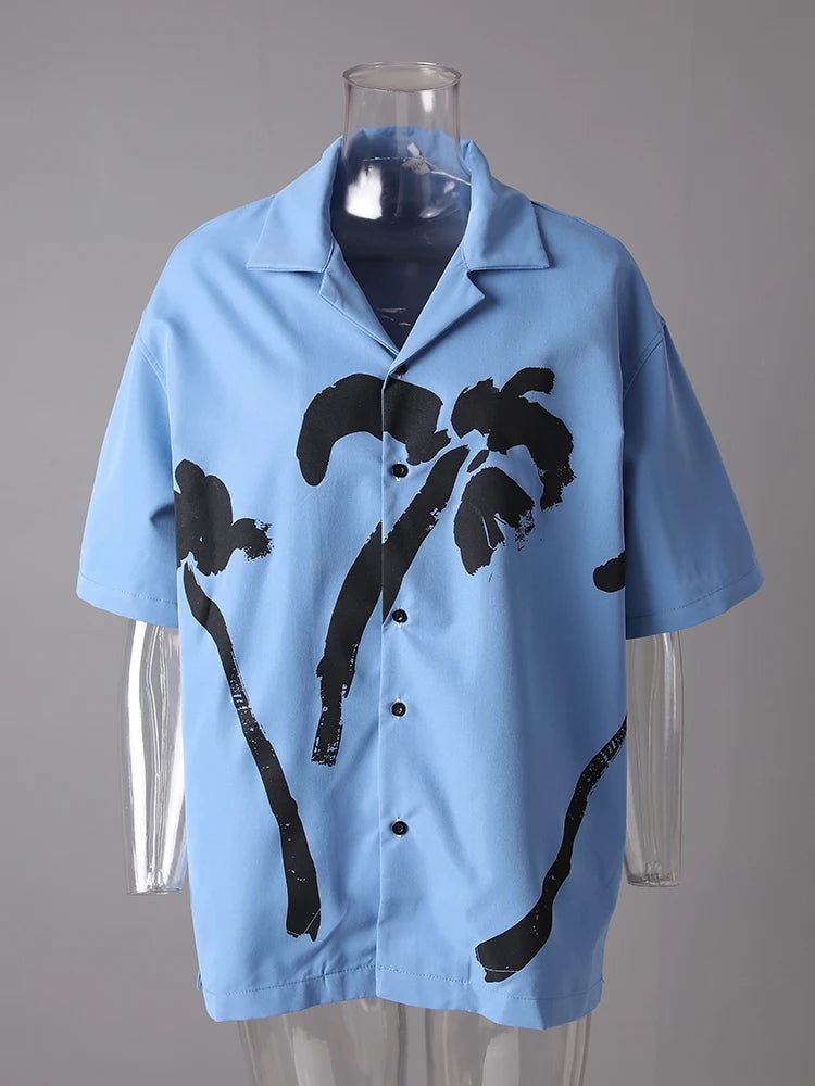 Women Blue Pattern Printed Big Size Casual Blouse New Lapel Short Sleeve Shirt Fashion Tide Spring Summer 2025 CPG3077