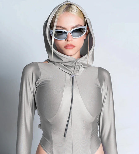 Streetwear Skinny Hooded Women Bodysuit Hollow Out Long Sleeve Drawstring Autumn Body Holographic Moto Style Clothing