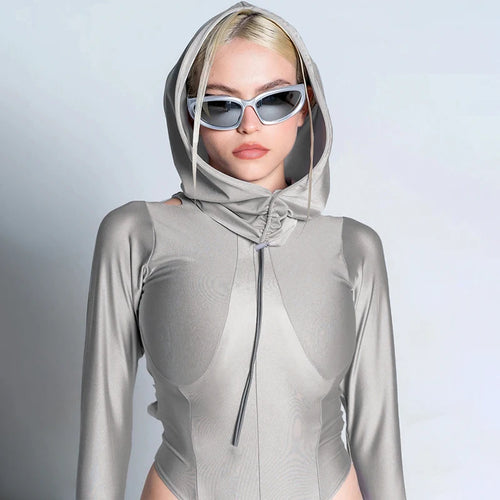 Load image into Gallery viewer, Streetwear Skinny Hooded Women Bodysuit Hollow Out Long Sleeve Drawstring Autumn Body Holographic Moto Style Clothing
