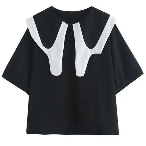 Load image into Gallery viewer, Women Black Color-block Big Size Casual T-shirt New Round Neck Half Sleeve Fashion Tide Spring Summer  2025 1DE7645
