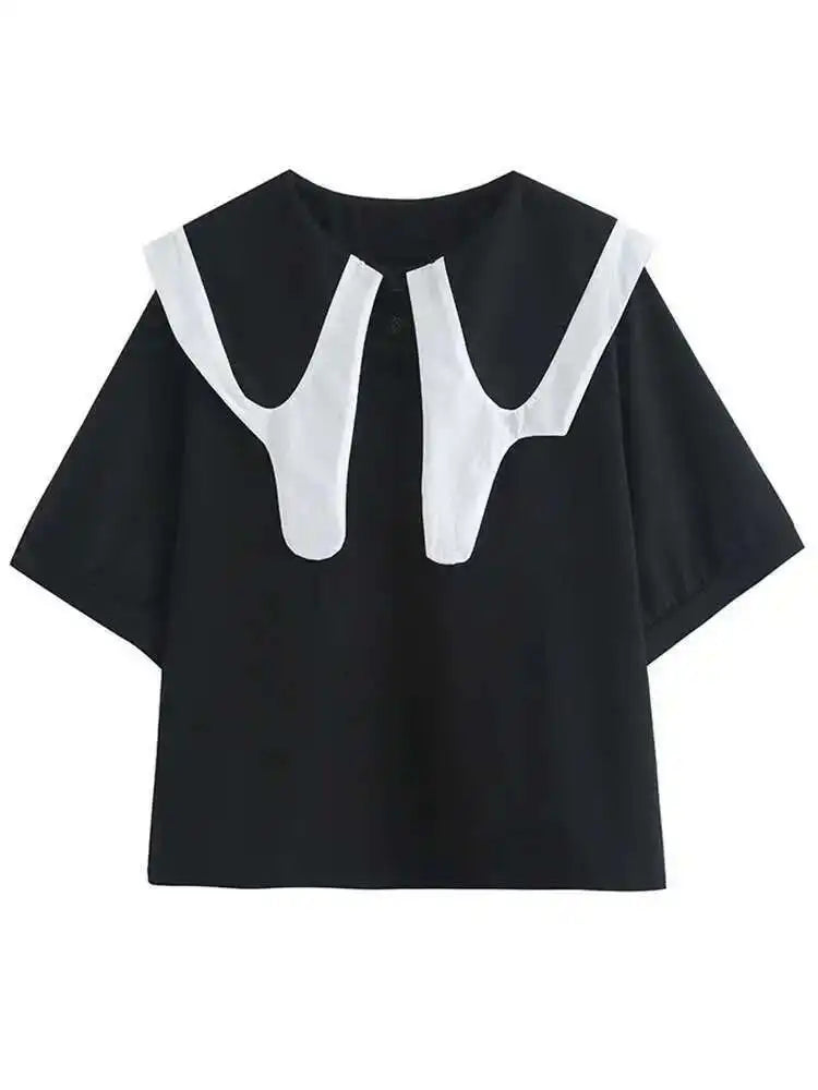 Women Black Color-block Big Size Casual T-shirt New Round Neck Half Sleeve Fashion Tide Spring Summer  2025 1DE7645