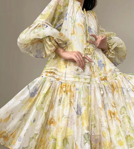 Hit Color Loose Printing Dresses For Women O Neck Long Sleeve High Waist Temperament Long Dress Female Fashion New