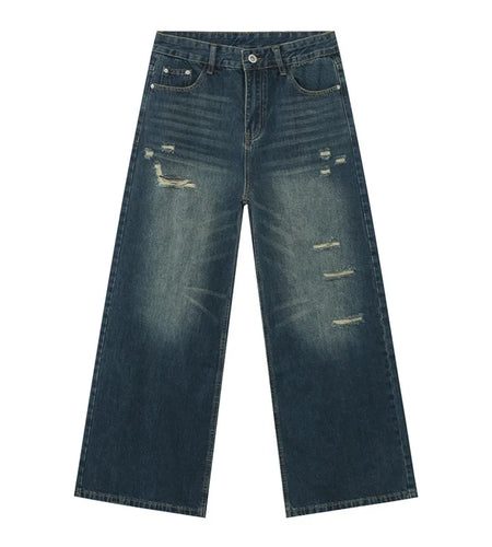 Men's Jeans Solid Color Holes Design Korean Style Worn-out Mill White Straight Leg New Spring Baggy Male Trousers 9W1265