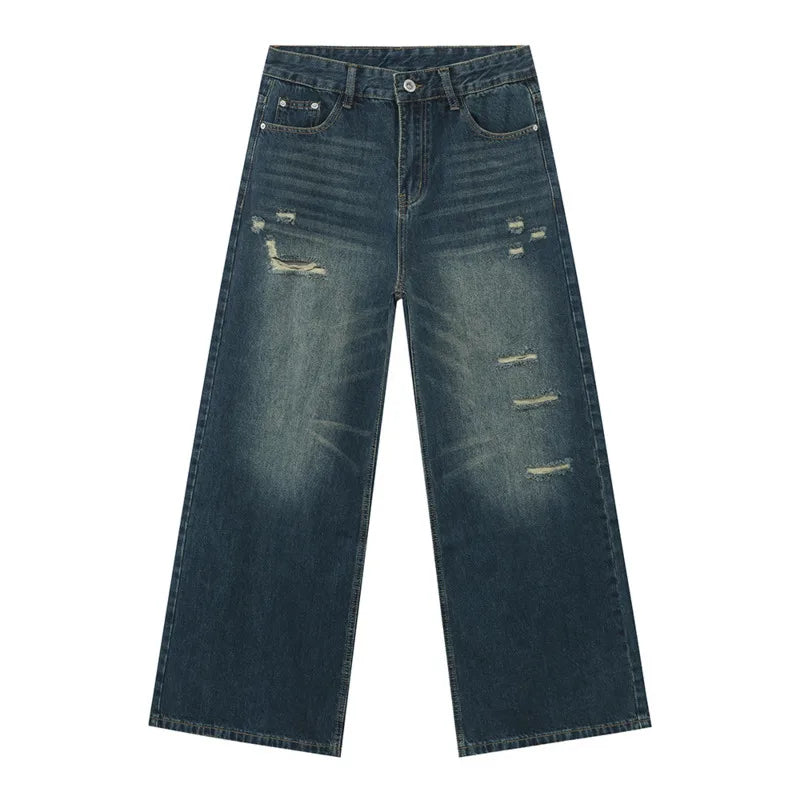 Men's Jeans Solid Color Holes Design Korean Style Worn-out Mill White Straight Leg New Spring Baggy Male Trousers 9W1265