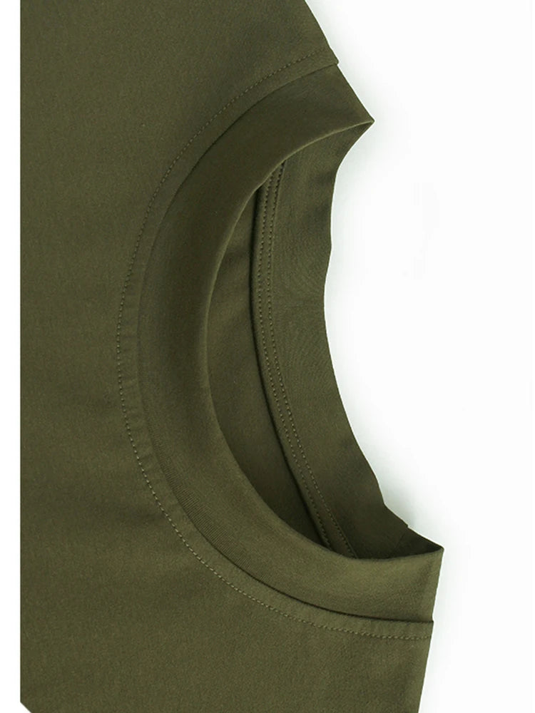 Women Army Green Pleated Hem Big Size Midi Dress New Round Neck Short Sleeve Fashion Tide Spring Summer 2025 1DJ0781