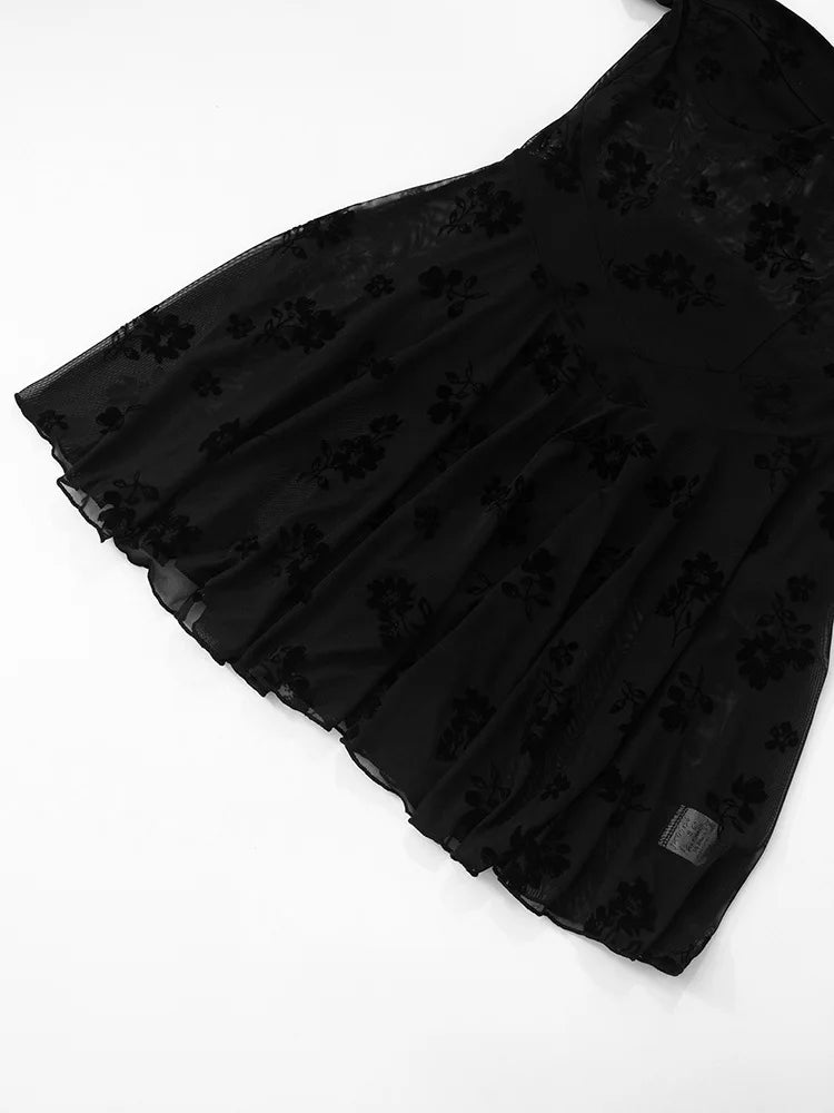 See Through Lace Sexy Mini Dress Women Patchwork Short Sleeve Square Collar Backless High Waist Pleated Club Dress