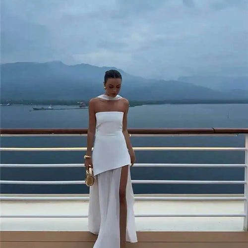 Load image into Gallery viewer, Elegant Strapless Sexy Maxi Dress For Women Gown With Scarf Off-shoulder Sleeveless Backless Split Beach Long Dress
