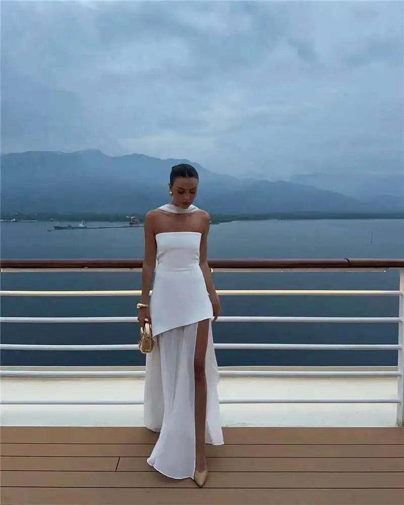 Elegant Strapless Sexy Maxi Dress For Women Gown With Scarf Off-shoulder Sleeveless Backless Split Beach Long Dress