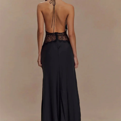 Load image into Gallery viewer, Summer Backless Sexy Maxi Dress Women Gown Patchwork Lace Halter Deep V Neck Sleeveless High Waist Elegant Long Dress
