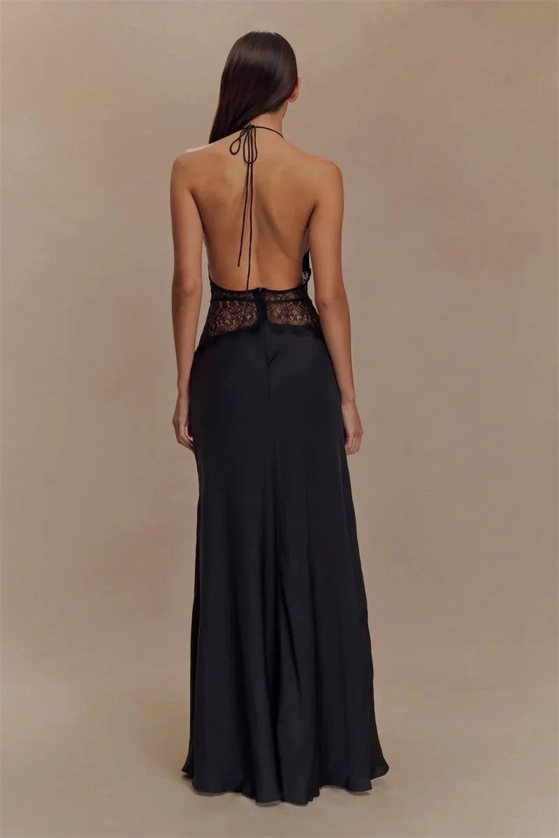 Summer Backless Sexy Maxi Dress Women Gown Patchwork Lace Halter Deep V Neck Sleeveless High Waist Elegant Long Dress