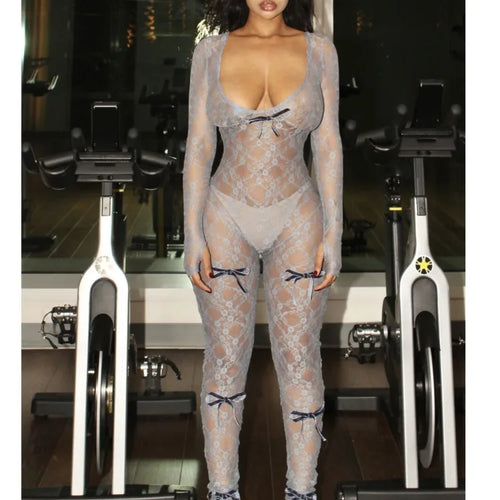 Load image into Gallery viewer, Sexy Lace Long Sleeved Deep V Jumpsuit For Women's Tight Fitting Print Transparent Female Romper Party Club Clothing
