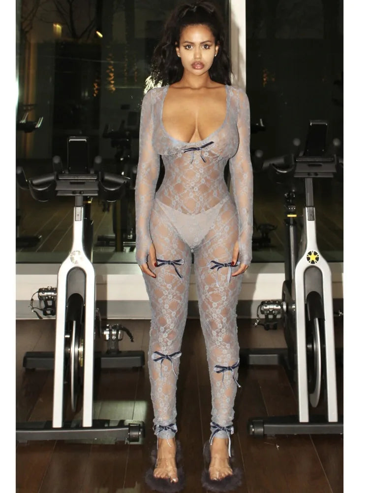 Sexy Lace Long Sleeved Deep V Jumpsuit For Women's Tight Fitting Print Transparent Female Romper Party Club Clothing