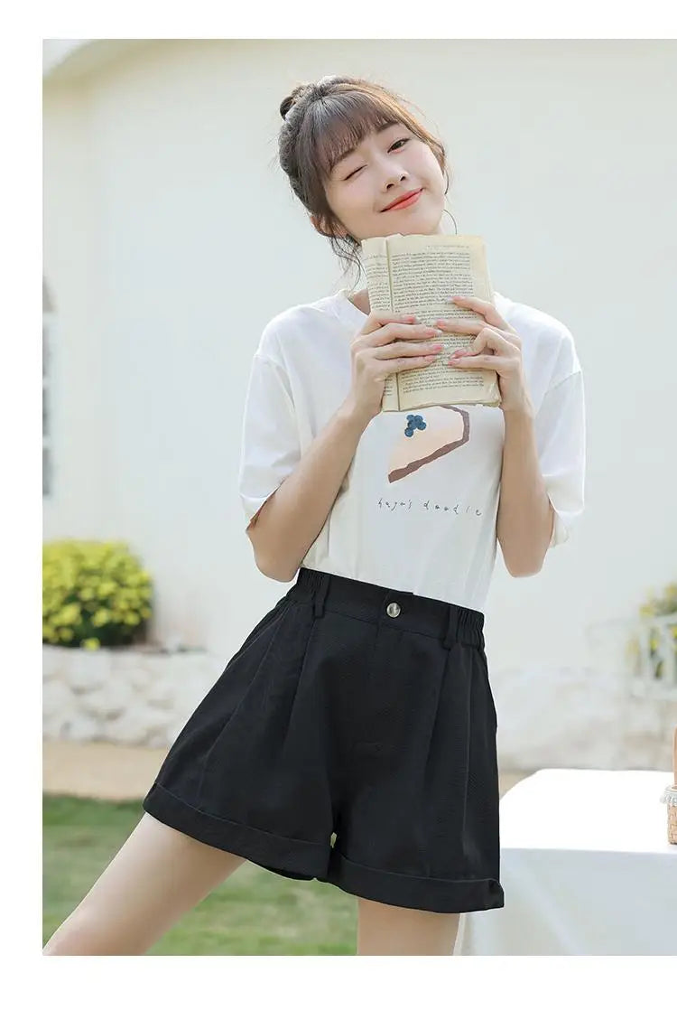 Spring Summer High Waist Solid Student Cotton Shorts Women Fashion Casual Versatile Button Pleated Short Pants Simplicity Korean