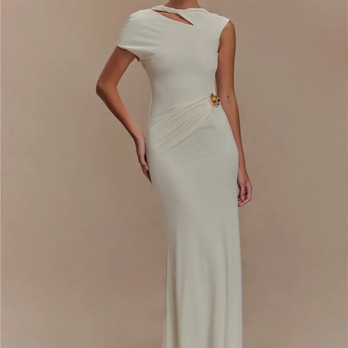 Load image into Gallery viewer, Hollow Out Gold Clasp Sexy Maxi Dress For Women Gown Solid Sleeveless Backless Ruched Bodycon Club Long Dress Elegant
