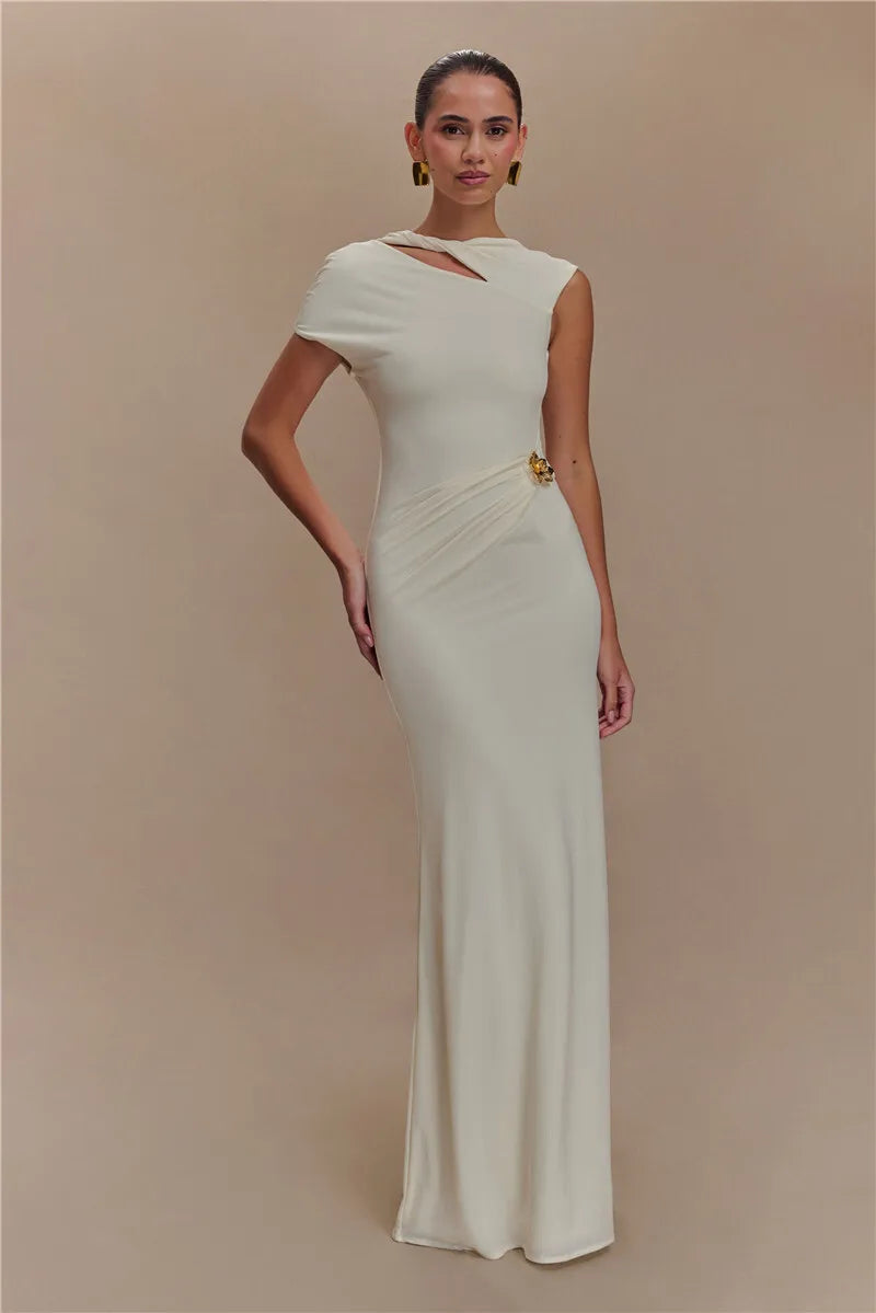 Hollow Out Gold Clasp Sexy Maxi Dress For Women Gown Solid Sleeveless Backless Ruched Bodycon Club Long Dress Elegant
