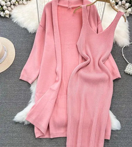 Autumn Thick Warm Solid Knitted Suit 2023 Stripe V Neck Vest Dress+ Loose Long Cardigans Sweater Home Wear Casual Two Pieces Set