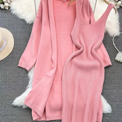 Load image into Gallery viewer, Autumn Thick Warm Solid Knitted Suit 2023 Stripe V Neck Vest Dress+ Loose Long Cardigans Sweater Home Wear Casual Two Pieces Set
