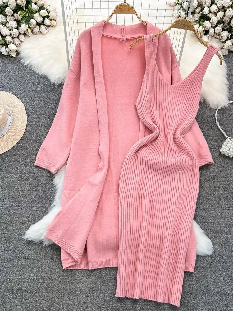Autumn Thick Warm Solid Knitted Suit 2023 Stripe V Neck Vest Dress+ Loose Long Cardigans Sweater Home Wear Casual Two Pieces Set