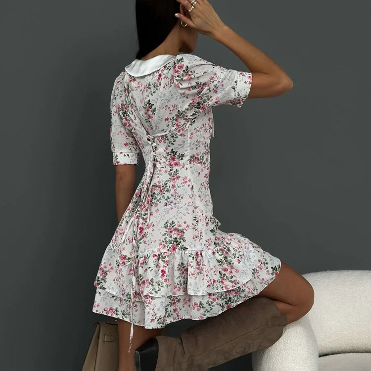 Short Sleeve Floral Mini Dress For Women Robe Turn-down Collar Elegant French Dress Ladies Fashion High Waist Dresses