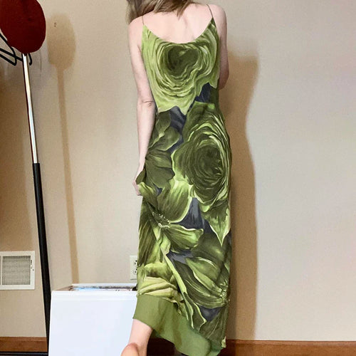 Load image into Gallery viewer, Fashion Strap Flowers Printing Green Long Dress Vacation Mesh Spliced Frills Vintage Tie Dye Summer Dress Women Party
