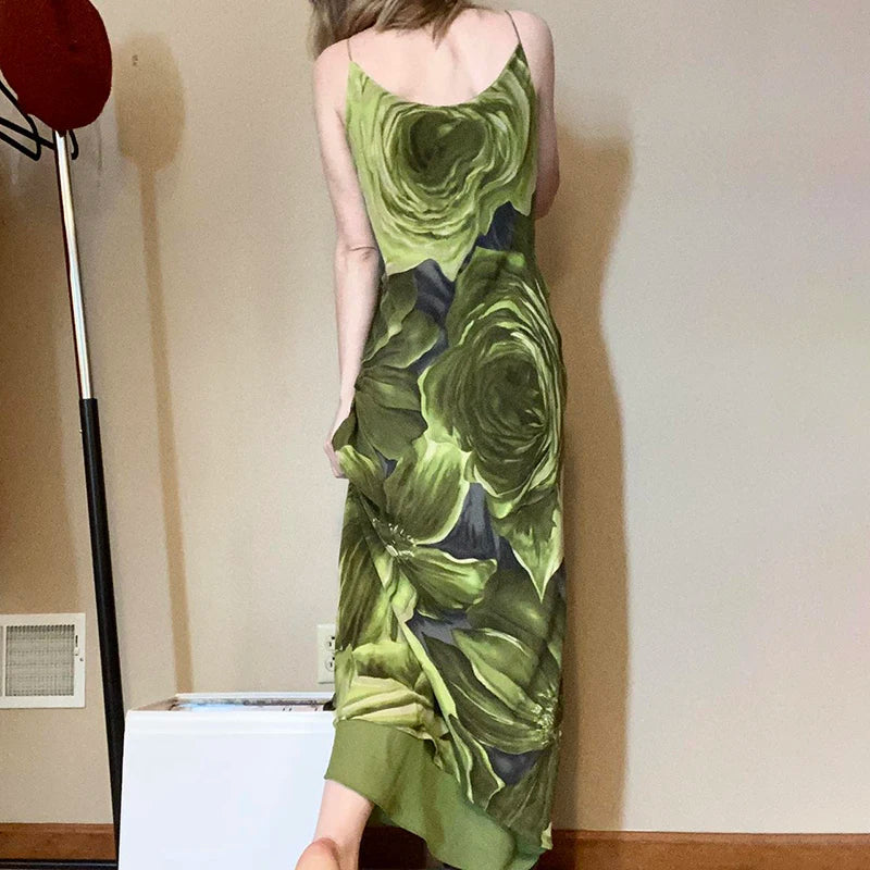 Fashion Strap Flowers Printing Green Long Dress Vacation Mesh Spliced Frills Vintage Tie Dye Summer Dress Women Party