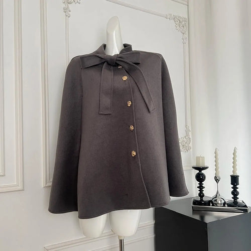 Load image into Gallery viewer, Korean Women's Beige Black Loose Woolen Coat Fashion Grey Single Breasted Long Sleeve Bow Lace-up Jacket 2024 Autumn Winter Chic
