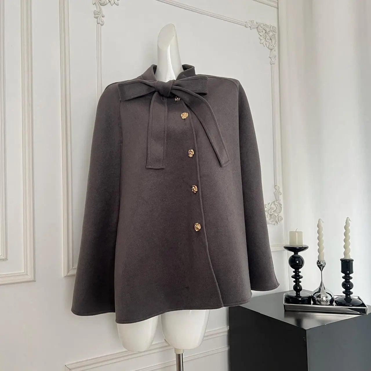 Korean Women's Beige Black Loose Woolen Coat Fashion Grey Single Breasted Long Sleeve Bow Lace-up Jacket 2024 Autumn Winter Chic