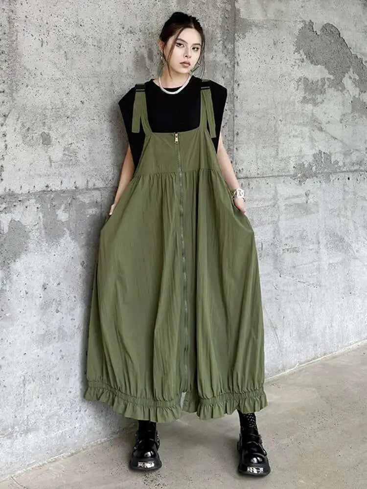 Women Green Pleated Pocket Big Size Strap Dress New Square Collar Sleeveless Fashion Tide Spring Autumn 2025 1DH6067