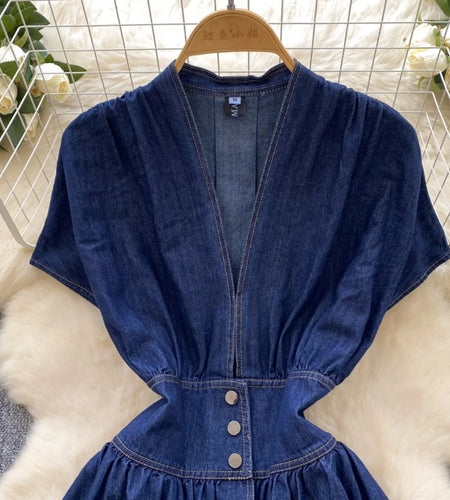 French Vintage Blue Elegant Single Breasted Short Sleeved High Waist Pleated Denim Dresses Spring Fashion V Neck Party Dress New