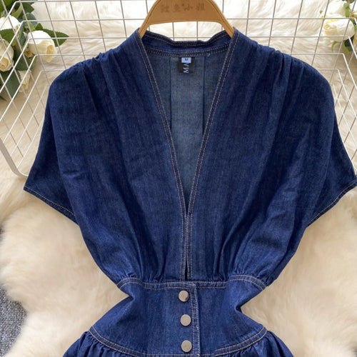 Load image into Gallery viewer, French Vintage Blue Elegant Single Breasted Short Sleeved High Waist Pleated Denim Dresses Spring Fashion V Neck Party Dress New
