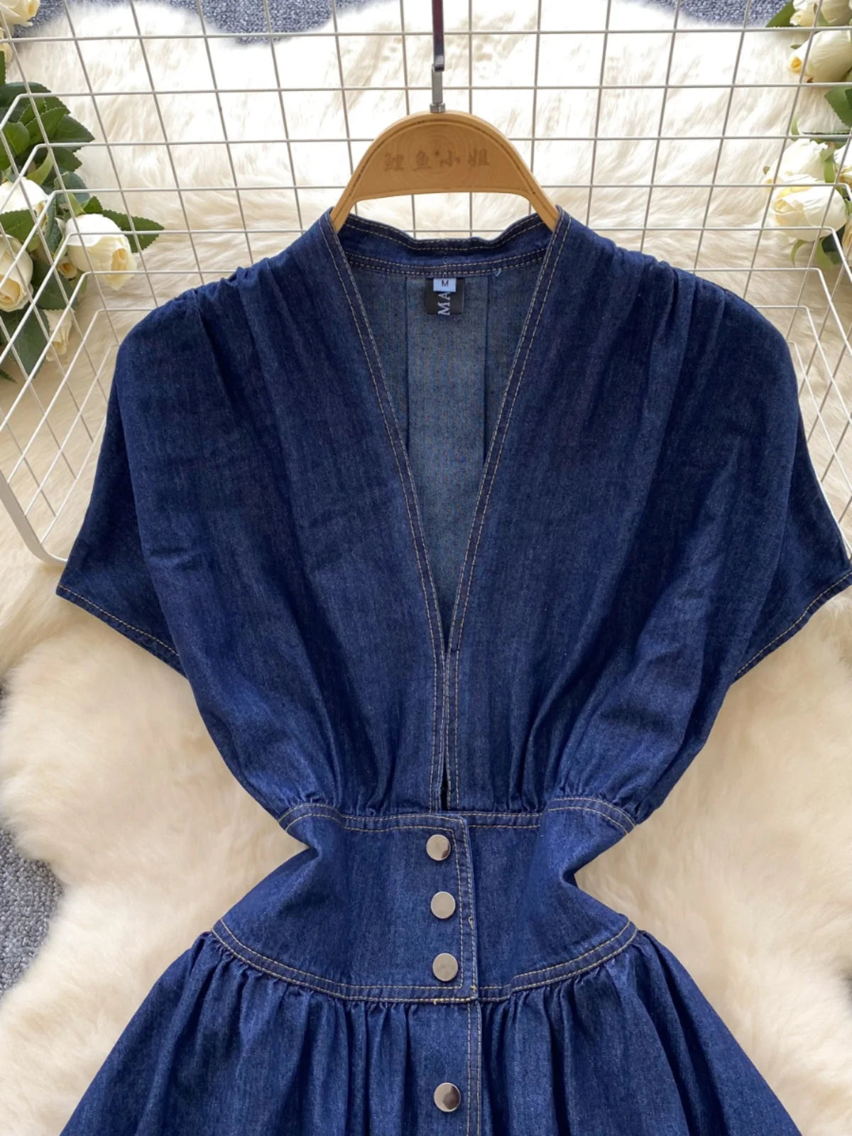 French Vintage Blue Elegant Single Breasted Short Sleeved High Waist Pleated Denim Dresses Spring Fashion V Neck Party Dress New