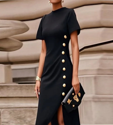 Wedding Black Dresses for Women Gold Button Clothes Asymmetrical 2025 Summer Woman Short Sleeves Party Maxi Dresses