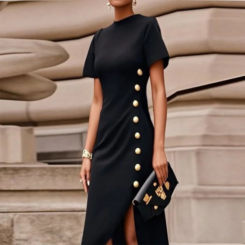 Wedding Black Dresses for Women Gold Button Clothes Asymmetrical 2025 Summer Woman Short Sleeves Party Maxi Dresses