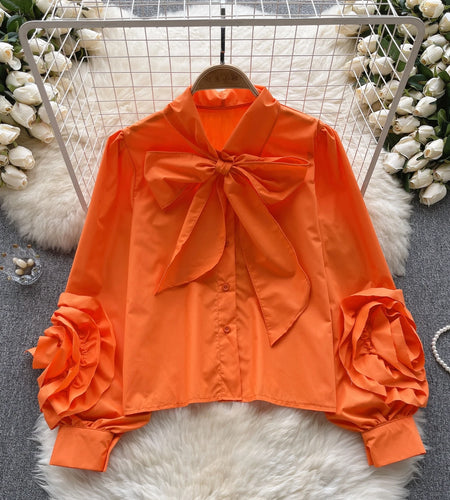 Vintage Solid Women Single Breasted Shirt Long Sleeve Bow Neck Office Lady Elegant Blouses Female Fashion Clothes 2023 Autumn