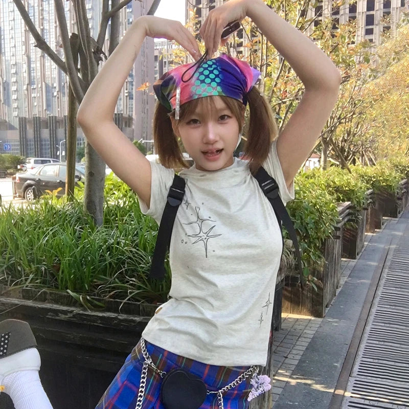 Japanese Y2k Stand Collar T-shirt Trashy 2000s Style Short Sleeve Tee Shirt Vintage Harajuku Streetwear American Retro