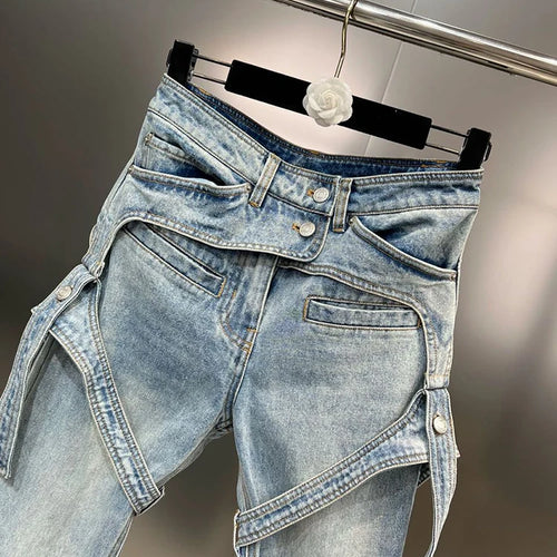 Load image into Gallery viewer, Patchwork Button Casual Slimming Denim Pants For Women High Waist Spliced Pockets Flare Jeans Female Fashion
