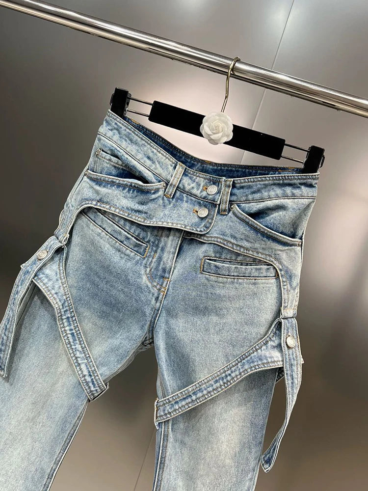 Patchwork Button Casual Slimming Denim Pants For Women High Waist Spliced Pockets Flare Jeans Female Fashion